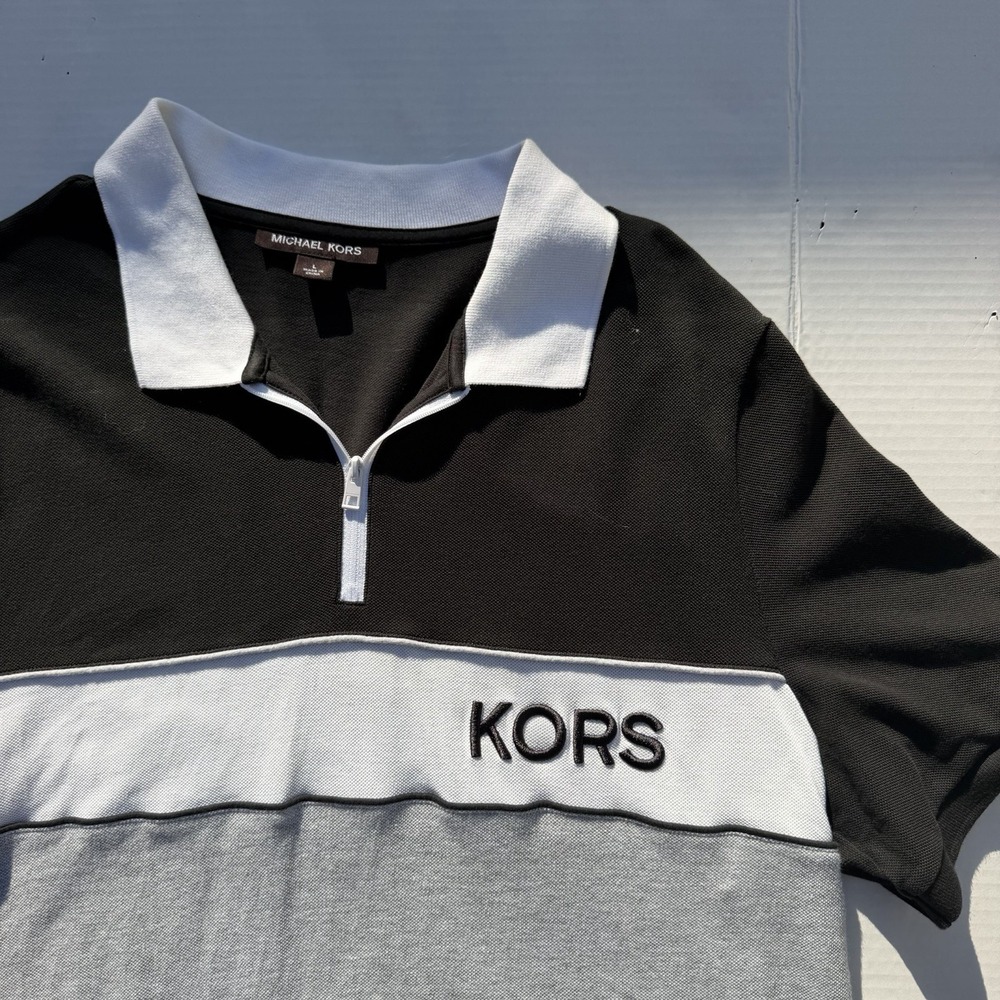 Michael Kors Polo 1/4 Zip Color Block Black Gray Shortsleeve Collared Mens Large